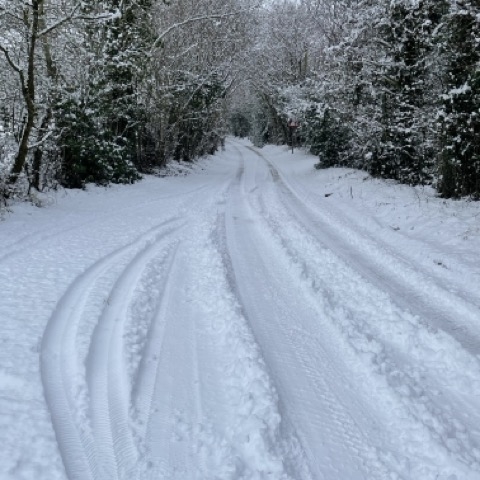 A winter scene with tire tracks in the snow