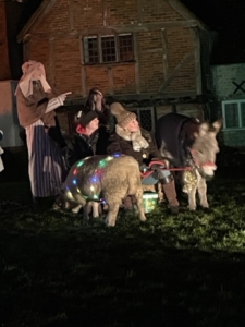 Winter scene out door nativity scene with sheep